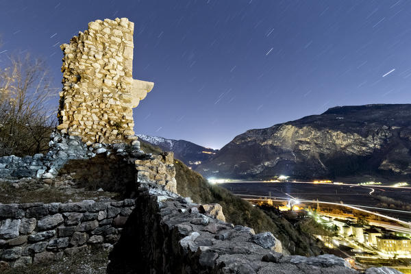 The castle of Nomi in the night. Trento province, Trentino Alto-Adige, Italy, Europe.