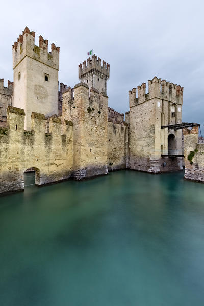 Walls and towers of the Scaligero castle in Sirmione. Lake Garda, Brescia province, Lombardy, Italy, Europe.