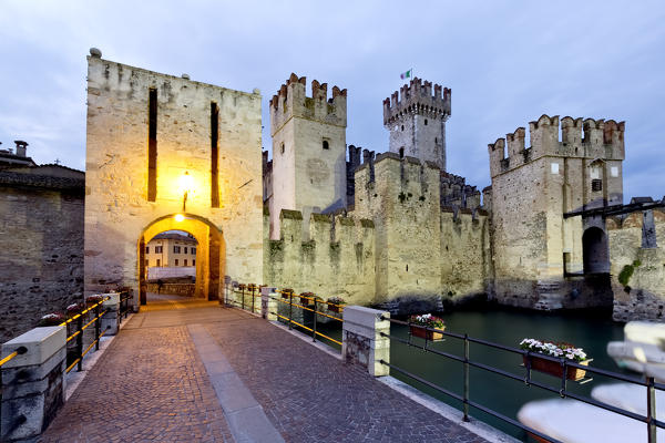 The gateway to the Scaligero castle in Sirmione. Lake Garda, Brescia province, Lombardy, Italy, Europe.