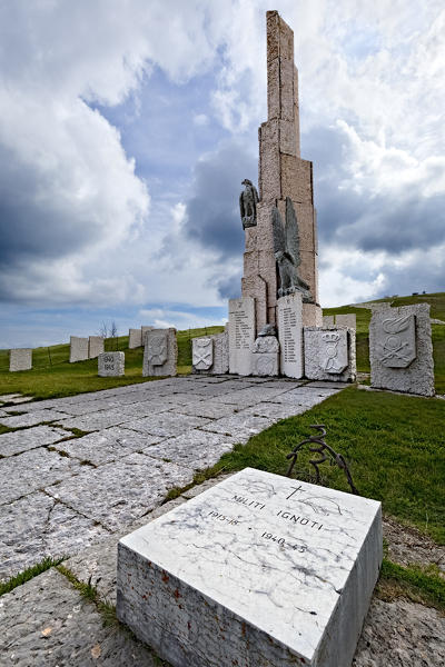 Fittanze pass: memorial stone to the unknown soldier at the war monument. Lessinia, Verona province, Veneto, Italy, Europe.