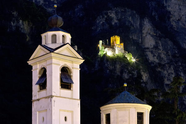 The church of San Giuseppe and the castle of Salorno. Bolzano province, Trentino Alto-Adige, Italy, Europe.