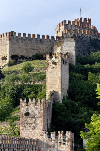 Towers and battlements of the medieval castle of Soave. Verona province, Veneto, Italy, Europe. 