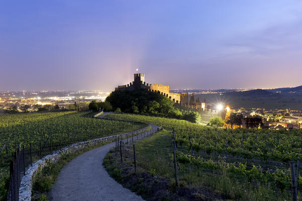 The Scaligero castle and the road among the Soave wine vineyards. Soave, Verona province, Veneto, Italy, Europe. 