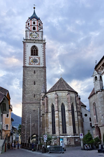 The cathedral of Merano is an example of medieval Gothic architecture. Merano, Bolzano province, Trentino Alto-Adige, Italy, Europe.