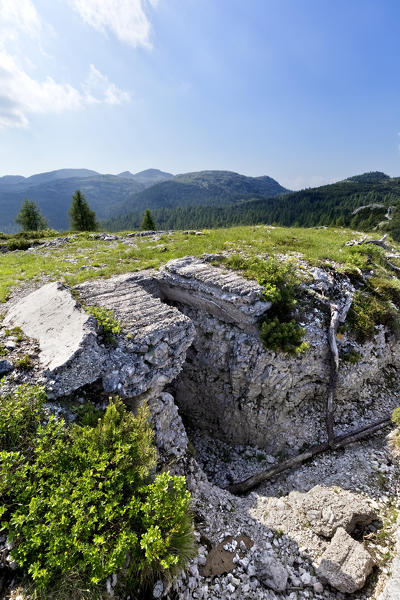 The Italian observation post of the Great War at Mount Lozze. Today it is part of the monumental area of mount Ortigara. Asiago plateau, Vicenza province, Veneto, Italy, Europe.