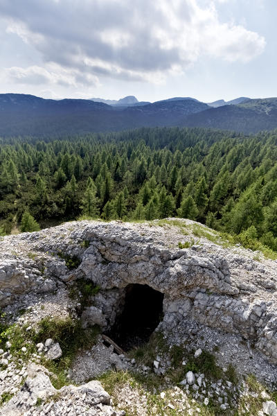 Italian trench of the Great War at Cima della Campanella. Today it is part of the monumental area of mount Ortigara. Asiago plateau, Vicenza province, Veneto, Italy, Europe.