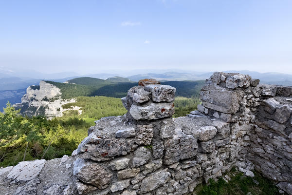 Ruins of the Italian barracks of the Great War at Cima della Caldiera. Today it is part of the monumental area of mount Ortigara. Asiago plateau, Vicenza province, Veneto, Italy, Europe.