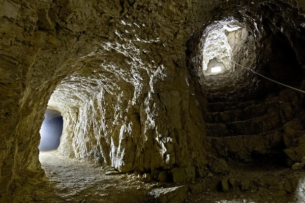 The Italian underground system of the Great War at Cima della Caldiera. Today it is part of the monumental area of mount Ortigara. Asiago plateau, Vicenza province, Veneto, Italy, Europe.