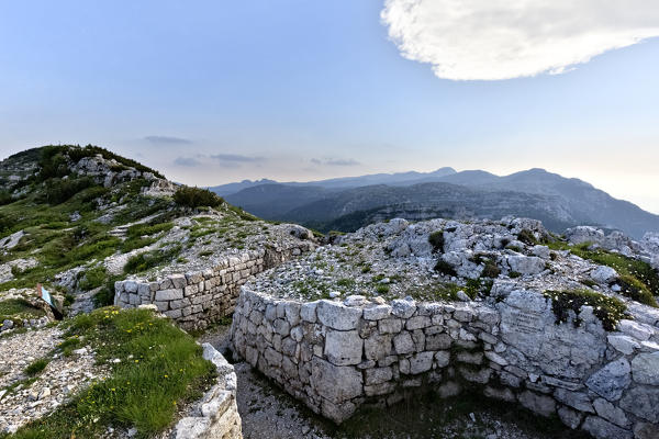 Italian observation post of the Great War at Cima della Caldiera. Today it is part of the monumental area of mount Ortigara. Asiago plateau, Vicenza province, Veneto, Italy, Europe.