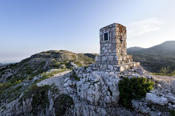 Austrian memorial stone on the top of Mount Ortigara. Asiago plateau, Vicenza province, Veneto, Italy, Europe.