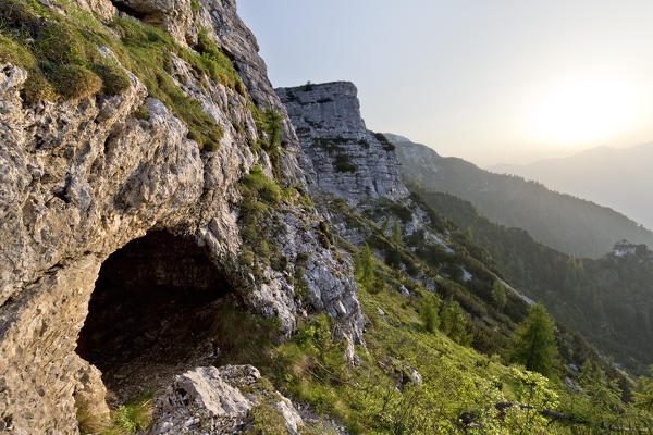 Austro-Hungarian underground shelter carved into the slopes of Mount Ortigara. Asiago plateau, Vicenza province, Veneto, Italy, Europe.