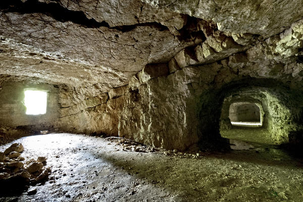 Artillery positions of the Great War in a cave in Mount Cengio. Asiago plateau, Vicenza province, Veneto, Italy, Europe.