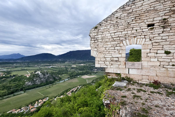 Crumbling wall of Fort Mollinary overlook the Adige valley. Monte, Verona province, Veneto, Italy, Europe.