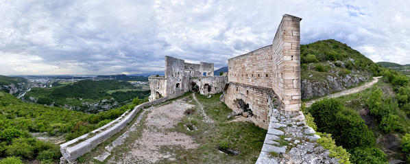 The imposing ruins of the Austrian fort Mollinary overlook the Adige valley. Monte, Verona province, Veneto, Italy, Europe.