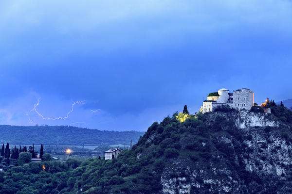 Fort Wohlgemuth on a stormy night. Rivoli Veronese, Verona province, Veneto, Italy, Europe.