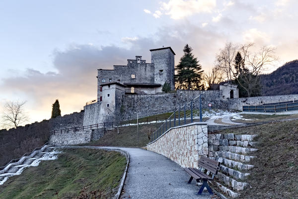 Sunset at the ancient medieval castle of Castellano. Villa Lagarina, Trento province, Trentino Alto-Adige, Italy, Europe.