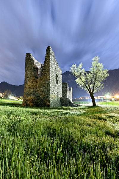 Night at Tor Quadra: an ancient medieval tower in Novaledo. Valsugana, Trento province, Trentino Alto-Adige, Italy, Europe.