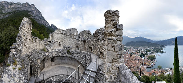 The interior of the medieval Venetian bastion and the view of the town of Riva and Lake Garda. Trento province, Trentino Alto-Adige, Italy, Europe.
