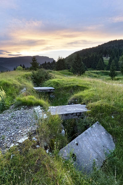 Vestiges of the artillery positions of the Great War in Mount Rasta. Asiago, Vicenza province, Veneto, Italy, Europe.