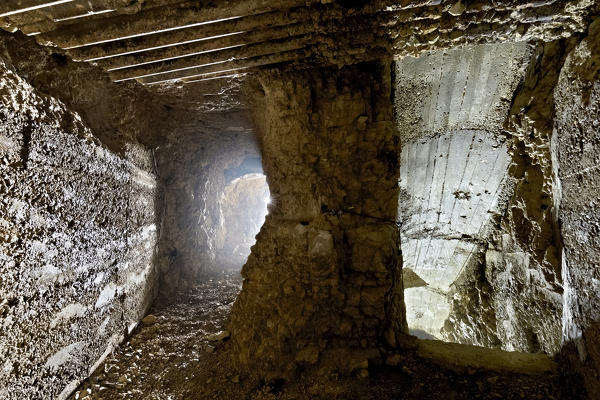 Tunnels of the underground system of the Great War in the Austro Hungarian stronghold of Mount Testo. Pasubio massif, Trento province, Trentino Alto-Adige, Italy, Europe.