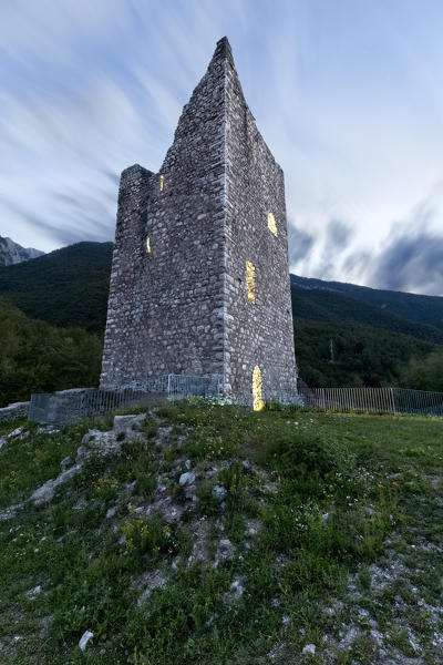 The keep of the Sporo Rovina castle at dusk. Sporminore, Non Valley, Trento province, Trentino Alto-Adige, Italy, Europe.