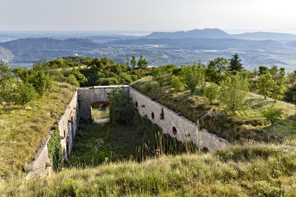 The parade ground in Fort San Marco.  In the background the hills north of Verona. Caprino Veronese, Verona province, Veneto, Italy, Europe. 