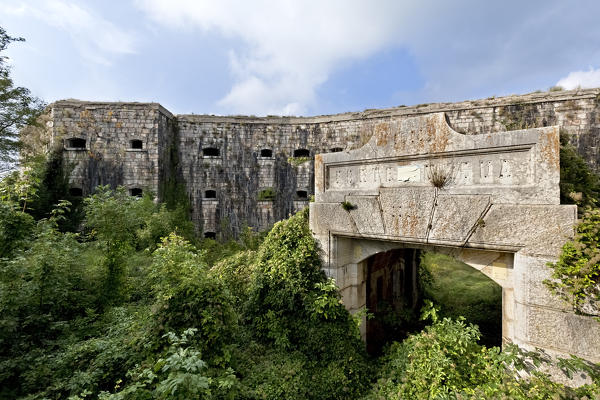 The monumental entrance of Fort Masua. Fumane, Lessinia, Verona province, Veneto, Italy, Europe.  