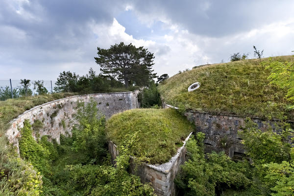 The perimeter walls and the deep moat of Fort Masua. Fumane, Lessinia, Verona province, Veneto, Italy, Europe.   