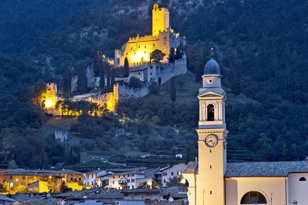 The castle of Avio and the San Bernardino church in Sabbionara. Trento province, Trentino Alto-Adige, Italy, Europe. 