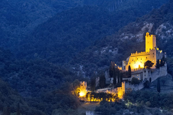 Night falls at the castle of Avio. Trento province, Trentino Alto-Adige, Italy, Europe. 