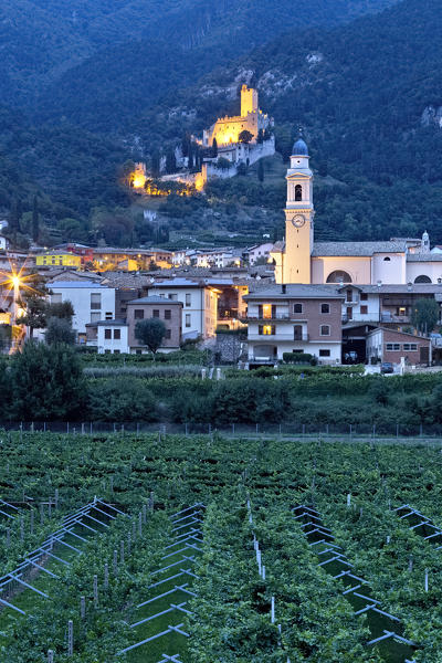 The castle of Avio, the town of Sabbionara and the vineyards of Vallagarina. Trento province, Trentino Alto-Adige, Italy, Europe. 