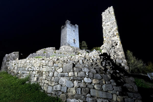 The ghostly ruins of the Restor castle in the Giudicarie. Comano Terme, Trento province, Trentino Alto-Adige, Italy, Europe. 