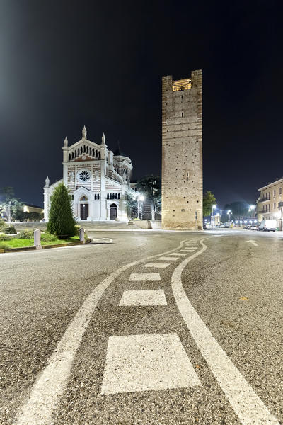 The cathedral and the Scaliger Tower in Lonigo. Vicenza province, Veneto, Italy, Europe.