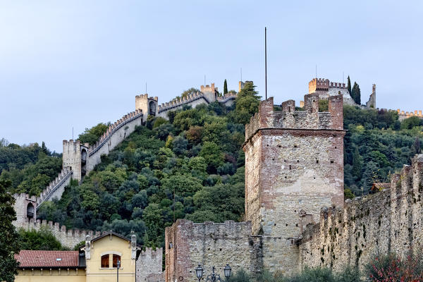 The Breganzina Gate and the perimeter walls of the fortified city of Marostica. Vicenza province, Veneto, Italy, Europe.  