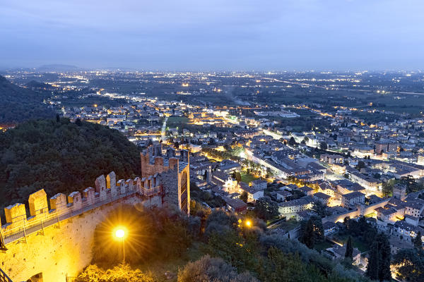 The walls of the Scaligero castle and the city of Marostica. Vicenza province, Veneto, Italy, Europe. 