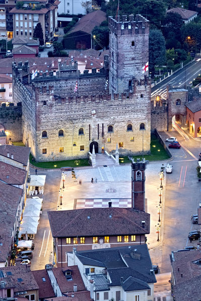 Marostica Chess Square: the Scaliger castle and the Doglione palace. Vicenza province, Veneto, Italy, Europe. 