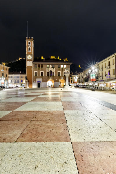 Marostica Chess Square and the Doglione palace. In the background the medieval castle. Vicenza province, Veneto, Italy, Europe. 