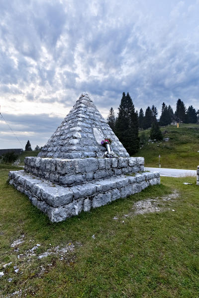 Pyramid monument in memory of the fallen of the world wars at Coe pass. Folgaria, Cimbra Alp, Trento province, Trentino Alto-Adige, Italy, Europe.