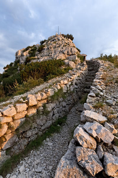 Italian trench of the Great War towards the top of Mount La Sisilla. Piccole Dolomiti, Recoaro Terme, Vicenza province, Veneto, Italy, Europe.