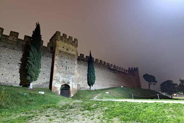 Crenellated tower and walls of the Scaliger castle of Villafranca di Verona. Verona province, Veneto, Italy, Europe.