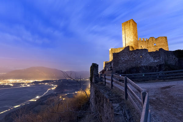 The Appiano Castle is one of the most impressive fortresses in South Tyrol. In the background the Adige valley and the city of Bolzano. Appiano, Bolzano province, Trentino Alto-Adige, Italy, Europe.