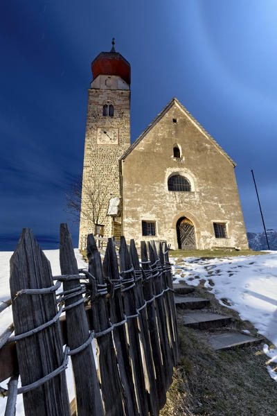 The medieval church of San Nicolò in Monte di Mezzo. Renon plateau, Bolzano province, Trentino Alto-Adige, Italy, Europe.