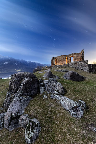 Castelfeder: the ruins of the Santa Barbara chapel from the 6th century. Montagna, Bolzano province, Trentino Alto-Adige, Italy, Europe. 