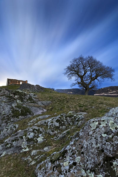 Ruins of the Santa Barbara chapel on the top of Castelfeder hill. Montagna, Bolzano province, Trentino Alto-Adige, Italy, Europe. 