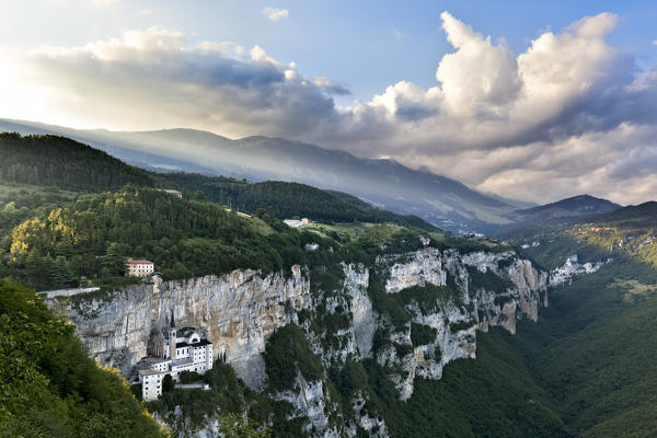 The cliffs of Monte Baldo and the Madonna della Corona sanctuary. Ferrara di Monte Baldo, Verona provinces, Veneto, Italy, Europe.