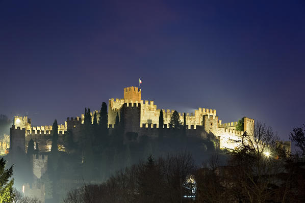 Night at the Scaliger Castle in Soave. Verona province, Veneto, Italy, Europe.