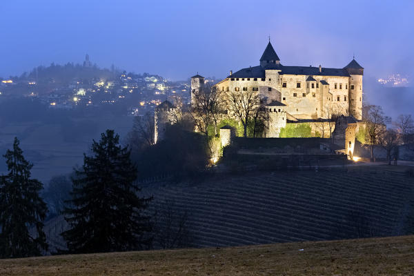 The medieval Presule Castle and the village of Fiè allo Sciliar. Bolzano province, Trentino Alto-Adige, Italy, Europe. 