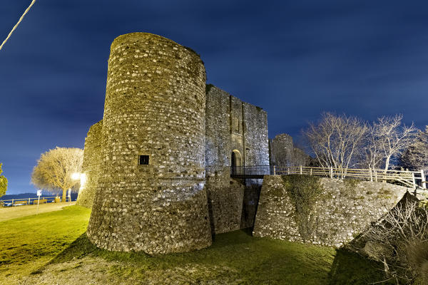 Tower and entrance of the medieval castle of Padenghe sul Garda. Brescia province, Lombardy, Italy, Europe.