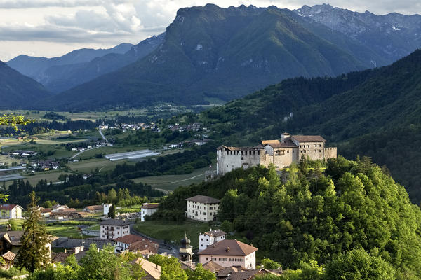 The castle and the village of Stenico. On the background the Lomaso and Bleggio plain. Trento province, Trentino Alto-Adige, Italy, Europe.