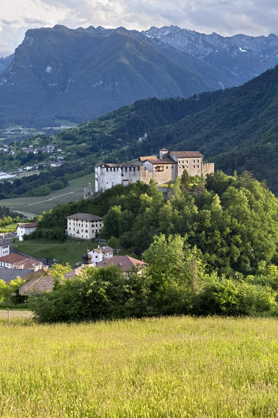 The castle of Stenico. On the background the Lomaso and Bleggio area. Trento province, Trentino Alto-Adige, Italy, Europe.